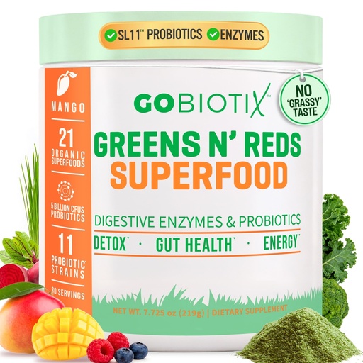 [BRSW2BQ2BMGQMHYY] GOBIOTIX Super Greens Powder with Beet Root, Spirulina, Moringa & Chlorella – Probiotics, Enzymes & 21 Superfoods – Zero Sugar, Vegan, Non-GMO – 30 Servings (Mango)
