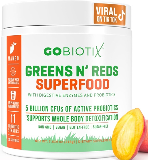 [BRSW2BQ2BMGQMHYY] GOBIOTIX Super Greens and Reds Powder - Red and Green Superfood - Probiotic Supplement - Digitális enzimek és a Beet Root Powder - Organic Whole Foods Dietary Supplement (Mango, 1 Pack)