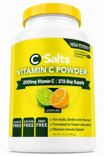 [BRSRMAAFPJ4AEE3L] C-Salts Buffered Vitamin C Powder - Pure Organic, Stomach Friendly Ascorbic Acid VIT C Drink for Daily Immune Support & Collagen Production - Vegan Non GMO Sugar Free - 272 Servings Lemon Lime, 26oz