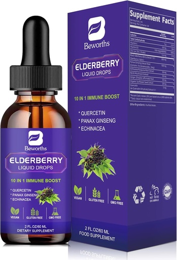 [BRSROYABCAIREA36] Elderberry Syrup | Quercetin Black Elderberry Liquid Drop with Quercetin, Panax Ginseng for Immune Support | Sambucus Elderberry with Vitamin C and Zinc, D3 | Vegan | Non-GMO | Original