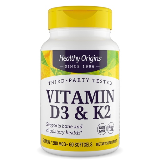 [BRSWYZ3YPMDW2FI2] Healthy Origins Vitamin D3 & K2 - Vitamin D3, 50 mcg - Vitamin K2, 200 mcg - Easily Absorbable Vitamin D & Vitamin K Supplements - Non-GMO & Gluten-Free Supplements - 60 Softgels