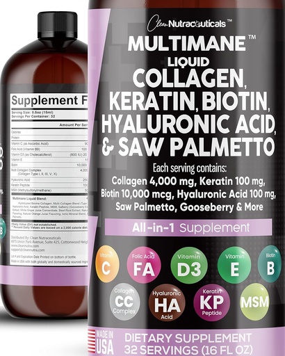 [BRSRMBLRCEPWK2DA] Clean Nutraceuticals Liquid Collagen 4000mg Biotin 10000mcg Keratin 100mg Saw Palmetto Hyaluronic Acid 100mg - Hair Skin & Nails Vitamins & DHT Blocker with Vitamin D3 MSM 50mg Made in USA - 16 Fl. Oz