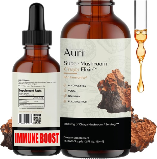 [BRSROBAYC4IG22AY] Auri Super Chaga Elixir - Mushroom Superfood Liquid Supplement with Full Spectrum Immune Support from Oxidative Stress and Energy Lift - Chaga Tincture 60ml