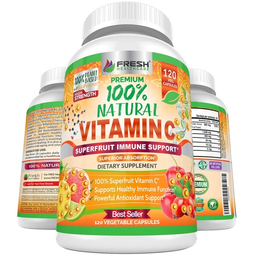 [BRSWY2YZDMIQKETA] Fresh Healthcare Whole Food Vitamin C 500mg - Natural Supplement from Rose Hips, Acerola Cherry & Camu Camu - with Citrus Bioflavonoids for Immune Support - 120 Vegan Capsules
