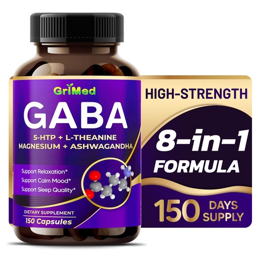 [BRSROGD7CR6Q2AA6] GriMed GABA Supplement with 5-HTP, L-Theanine, Magnesium & Ashwagandha, Supports Relaxation & Restful Sleep, 150 Count