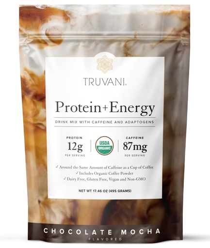 [BRSRM2QBAUBQAFDL] Truvani Protein + Energy Drink Mix with 87mg Caffeine | Chocolate Mocha | 12g Organic Plant Based Protein | 20 Servings | USDA Organic Coffee Powder & Adaptogens | Gluten & Dairy Free | Vegan