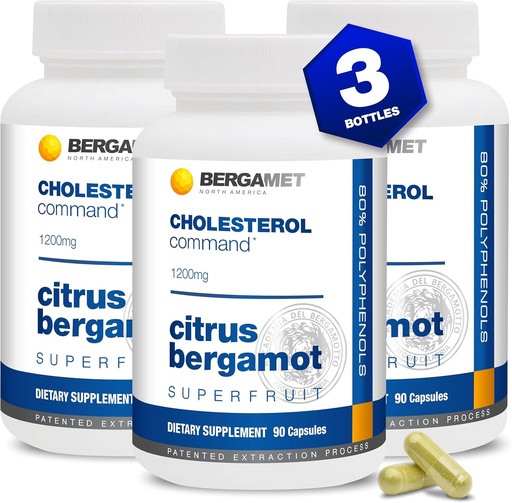 [BRSRMC3YBYNBMF3A] Cholesterol Command, Citrus Bergamot SuperFruit Supplement, 47% Bergamot Polyphenol Fraction (BPF) Patented Formel, Made in the USA, 3 månader, 270 kapslar - 3 flaskor