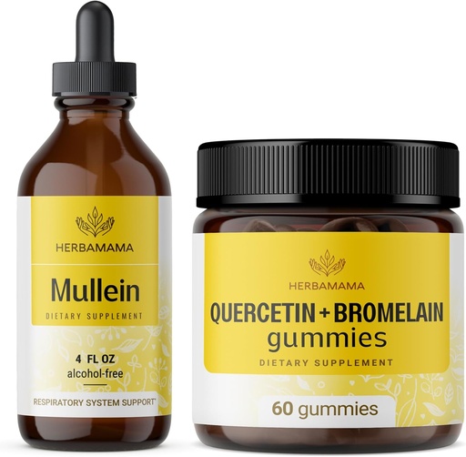 [BRSRAGAPOVYBUDTV] HERBAMAMA Mullein Leaf ekstrakts un Quercetin Gumies Kit - Mullein Leaf paka 4 fl oz un 800 mg Quercetin ar Bromelain Gumies - Vegan, Non-GMO, Alcohol-free - 2 iepakojumi