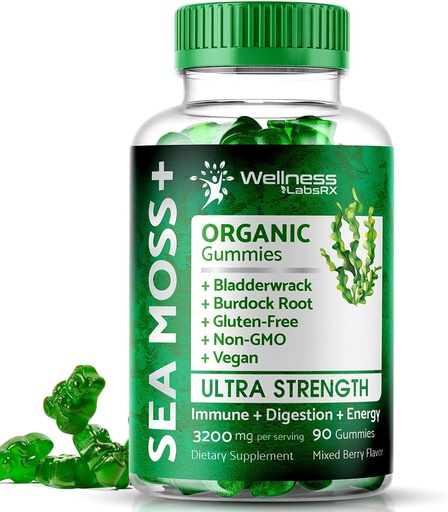 [BRSRMFA5OUARSF32] WELLNESS LABSRX Sea Moss Gummies, 3200mg Irish Sea Moss Mixed Berry Flavor with Maximum Potency Bladderwrack and Burdock Root - Supports Skin, Energy and Immunity - 90 Count
