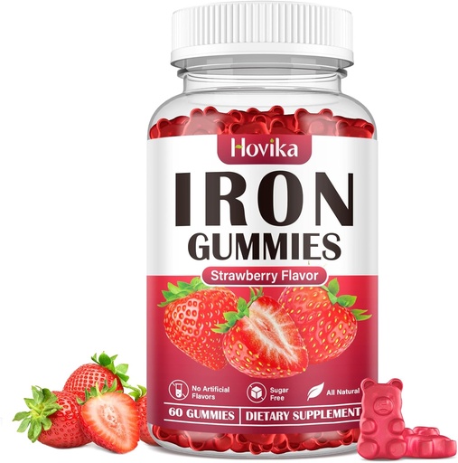 [BRSRAGL2AAARYFDA] Συμπλήρωμα Iron Gummies για γυναίκες & άνδρες, Παιδικά συμπληρώματα σιδήρου για την αναιμία με βιταμίνη C, B12, Folate - Blood Builder & Energy Support for Iron Deficiency - Ζάχαρη Χωρίς άρωμα φράουλας, 60 Gummies