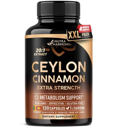 [BRSRAFIYCACAYADL] Ceylon Cinnamon Capsules - Extra Strength - Energy, Heart & Metabolism Support - for Men & Women - Pure Natural Extract 20:1 Supplement - Made in USA - GMO & Gluten Free, 120 Capsules, 4 Month Supply