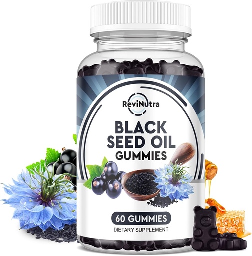 [BRSROGT3DEJW2HL6] Black Seed Oil Gummies-Organic Cold Pressed Nigella Sativa Black Seed Oil med Honung, Vitamin B6, C, D3, Gurkmegranat, Stöd Immunitet, Digestion, Brain Function, Hair & Skin-60 Gummies