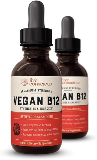 [BRSROYICCUDWAAD3] Conscious Vegan Vitamina B12 Sublingual Liquid Drops Methylcobalamin Max Strength B12 5000mcg Fórmula - Vegan B 12 Vitamin Support Energy, Promote Memory & Aid Immune System (2 Pack)