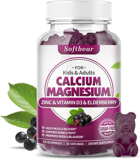 [BRSROFD4AEBQM2T2] softbear Calcium Magnesium Zinc Gummies for Women, High Absorption Calcium Magnesium Supplement for Bone Strength, Sugar-Free, Vegan, Elderberry Flavor 60 Gummies