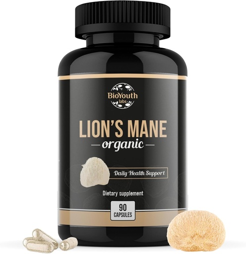 [BRSRAZQTBMNR4HLD] Organic Lions Mane Brain Support Dietary Supplement Premium Lions Mane Mushroom Extract - 90 Capsules