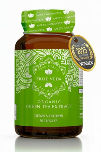 [BRSWKHQAAEFBGHL6] True Veda USDA Organic Green Tea Extract Capsules with EGCG | Premium Plant-Based Green Tea Pills | EGCG Supplements | Low Caffeine | 60 Vegan Capsules