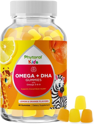 [BRSWYHQRCEAQYELJ] Дети Омега DHA Gummies - Жирные кислоты Омега 3 6 9 с витамином С для мозга, иммунитета и зрения - Питательная DHA для детей для здоровой нервной системы и поддержки фокусировки - Рыба бесплатно и веган - 60 Жуков