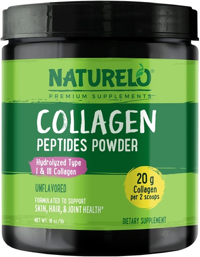 [BRSW22Q3OQMRSHL5] NATURELO Collagen Peptide Powder, Hydrolyzed Collagen Type I & III, Skin Hair & Joint Health - Unflavored, 16 Ounces | 45 Servings