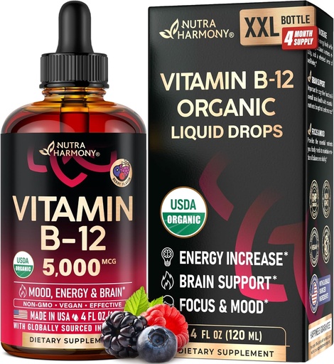 [BRSRAEIHCUJQG2QU] USDA Organic Vitamin B12 Sublingual Drops - 5000 mcg Liquid Vegan Methylcobalamin for Women & Men - Energy Boost, Focus & Mood, Brain Health Support - Maximize Absorption - 4 Month Supply, 4 fl oz