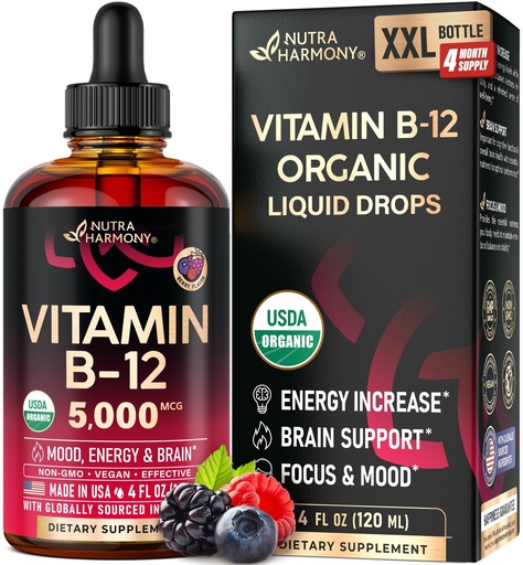 [BRSRAEIHCUJQG2QU] USDA Organic Vitamin B12 Sublingual Drops - 5000 mcg Liquid Vegan Methylcobalamin for Women & Men - Energy Boost, Focus & Mood, Brain Health Support - Maximize Absorption - 4 Month Supply, 4 fl oz