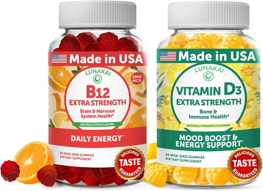 [BRSRMFI2AUARY2TO] Lunakai Vitamin B12 in vitamin D3 Gummies Bundele - 3000 μg B12 in 25 μg 1000 UI VIT D3 - Gluten prost, brez koruznega sirupa, organski, ne-GMO, želatina na osnovi rastlin