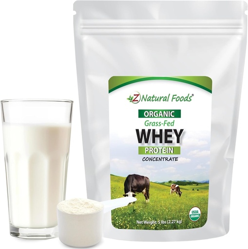 [BRSWGBDYDMFWAAD5] Z Natural Foods Organic Whey Proteine concentrat - Nutrient-Dense Grass Pudră de proteine Fed Whey - Proteină pură procesată la rece cu aminoacizi esențiali pentru nutriție și fitness, nearomatizate, 5 lbs