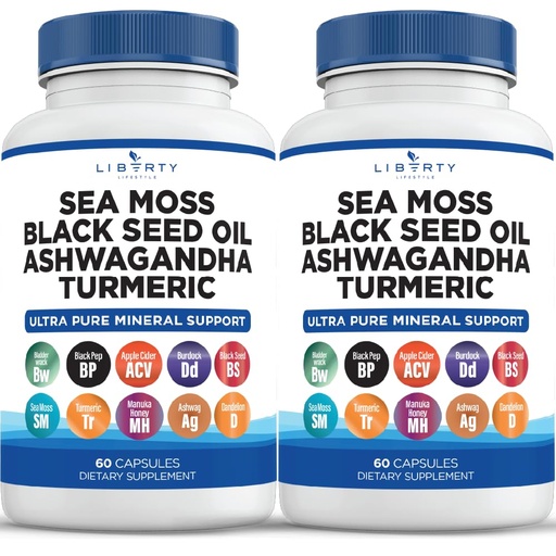 [BRSROBTQA4IGMDY3] Liberty Lifestyle Sea Moss Black Seed Oil Ashwagandha Turmeric Bladderwrack Burdock - with Manuka, Honey Dandelion, ACV Black Pepper Gluten Free - 2-Pack