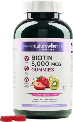 [BRSROHA2O56BSC3J] NatureWise Biotin Gumies - Podpira zdrave lase, kožo in močne nohte - Vitamin B7 5000mcg - Naravna lepota - Jagoda-Kiwi Flavor - Vegan, Non-GMO, Gluten Free - 180 Count[90 Day Supply]