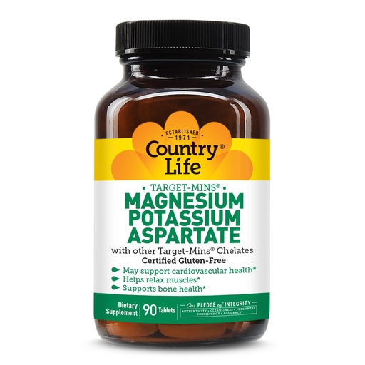 [BRSWIYT3OMAB62LY] Country Life Target-Mins Magnesium Potassium Aspartate, 600mg/198mg, 90 Tablets, Certified Gluten Free, Certified Vegan