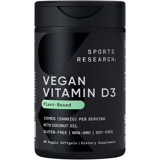 [BRSWGGTRCEFGAG3X] Sports Research Vegan Vitamin D3 5000IU (125 mcg) with Coconut Oil | 100% Plant-Based Vitamin D for Bone, Joint & Immune Support | Carrageenan Free, Vegan Certified & Non-GMO Verified (60 Softgels)