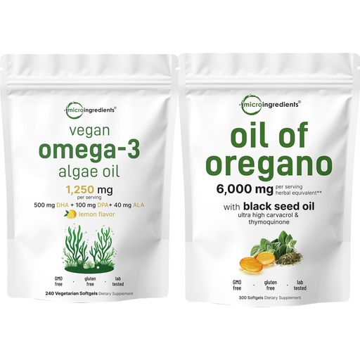 [BRSRAAT2BEGQGDTX] Micro Ingredients Oil of Oregano Softgels 300 Count & Vegan Omega 3 Algae Oil Supplement Bundle 2 Pack | Carvacrol & Thymoquinone | Full Spectrum Omega-3 Alternative