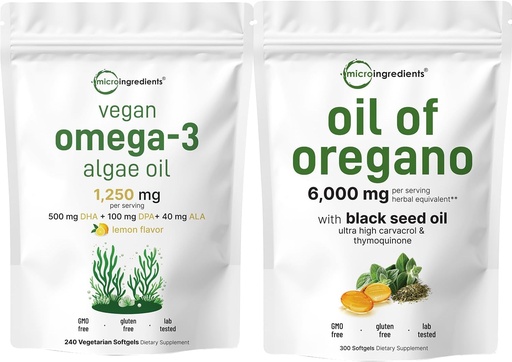 [BRSRAAT2BEGQGDTX] Micro Ingredients Oil of Oregano Softgels 300 Count & Vegan Omega 3 Algaves Oil Supplement Bundle 2 Pack 124; Carvacrol & Thymokinone
