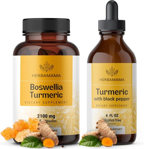 [BRSRAGA2CEMBYFA6] HERBAMAMA Boswellia and Turmeric Kit - Bundle of 2100 mg Boswellia Turmeric & Liquid Turmeric with Black Pepper Tincture 2 fl oz - Vegan, Non GMO, Sugar & Alcohol-Free - 2 Pack