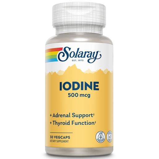 [BRSWIZQ5BIPBM2DM] Solaray Iodine 500 mcg, Iodine Supplement for Healthy Adrenal and Thyroid Support, Energy, Metabolism, and Focus, Potassium Iodide, Vegan, 60-Day Money-Back Guarantee, 30 Servings, 30 VegCaps