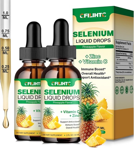 [BRSRAGIPCBYQAC37] 2 Pack Selenium Liquid Drops, 200mcg Liquid Selenium Suplemen dengan Vitamin C & Zinc, Dukungan untuk Sistem Imune, Antioksidant & Heart Kesehatan, Absorpsi Tinggi, Pineapple Flavor