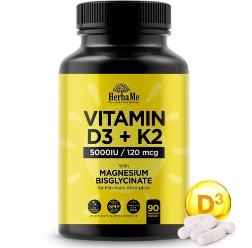 [BRSRAYY7AENQYCQY] HerbaMe Vitamin D3 5000 IU + K2 with Magnesium Bisglycinate | Complete D3 Activation & Absorption Support Formula | Bone, Muscle & Immune Wellness | 90 Capsules