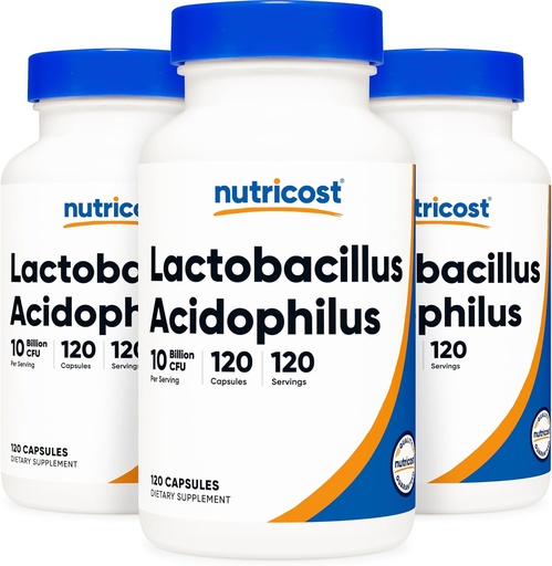 [BRSWEC3YCBYBGADB] Nutricost Lactobacillus Acidophilus 10 Billion CFU, 120 Veggie Capsules - Probiotic (3 Bottles)