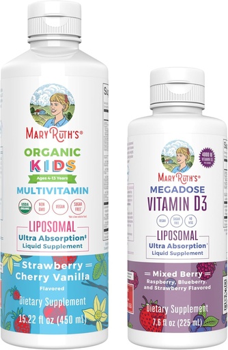 [BRSRAGIOPMORAH3U] MaryRuth Organics Kids Multivitamin Liposomal (Strawberry Cherry & Vanilla) & Vitamina D3 Liposomal (Mixed Berry) Clean Label Project Verified® Vitamins for Immunity &amp; Wellness general, Vegan, Non-GMO