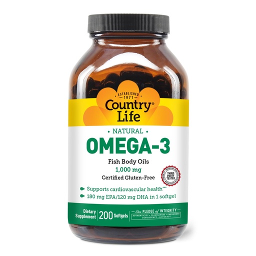 [BRSWIYTYOEDRA2LK] Country Life Omega-3 Fish Oil Supplement, 1000mg, 180mg EPA & 120mg DHA, Fish Oil Concentrate, Burpless, 200 Softgels, Certified Gluten Free