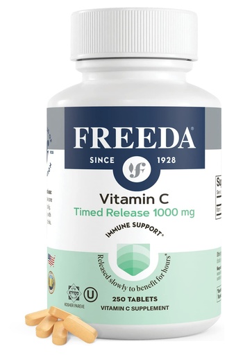 [BRSW2YAEB4MA2EIZ] FREEDA Vitamin C - Timed Release 1000mg – Slow-Release for All-Day Immune & Antioxidant Support, Gentle on Stomach, Kosher & Vegan, High-Absorption Tablets (250 Tablets)