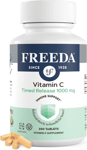 [BRSW2YAEB4MA2EIZ] FREEDA Vitamin C - Timed Rilis 10000mg - Slow- Rilis untuk All- Day Imune & Antioksidant Dukungan, Lembut pada stomach, Kosher & Vegan, Tablepsi Tinggi (250 Tablet)