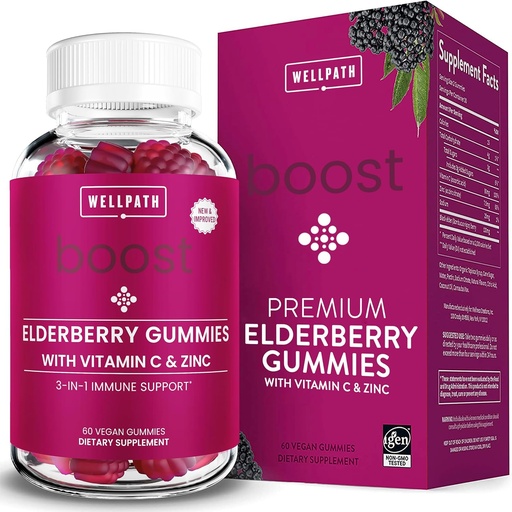 [BRSWYYIYCN4BYDLX] WellPath Boost Oldberry Gummies zink eta C bitaminarekin | Helduentzako laguntza osagarria | Inmunity Booster bitaminak | Sambucol Black Gummy | Non-GMO & Vegan, 60 Ct