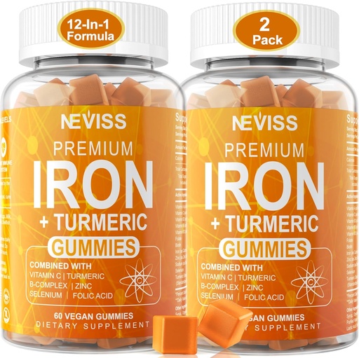 [BRSROFI7OBYA2GTV] Iron Gummies + Turmeric 600mg for Women Men, Iron Supplement with Multivitamins C, A, B-Complex, Folate, Zinc for Iron Deficiency, Anemia and Energy, Gentle, Non-Constipating, Chewable, Vegan, 2 Pack