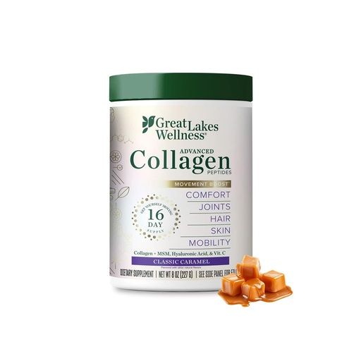 [BRSW2ATYCRYGOAAY] Great Lakes Wellness Movement Boost Advanced Collagen Peptides Powder with MSM, Hyaluronic Acid, Vitamin C - Joint Mobility & Comfort - Caramel Flavored - Non-GMO, Keto, Kosher - 8 oz