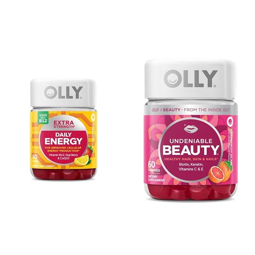 [BRSROBQEBMCWACLL] OLLY Extra Strength Daily Energy Gummy, Caffeine Free, 1000mcg Vitamin B12, CoQ10, Goji Berry & Undeniable Beauty Gummy, for Hair, Skin, Nails, Biotin, Vitamin C, Keratin, Chewable Supplement