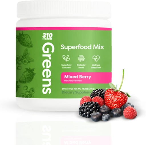 [BRSWGEIYOF4BQFL5] 310 Nutrition Organic Superfood Greens Powder – Super Green Powder Supplement with Daily Greens Spirulina, Vegetable Enzymes & Antioxidants – Immunity Boost – Mixed Berry, 30 Servings