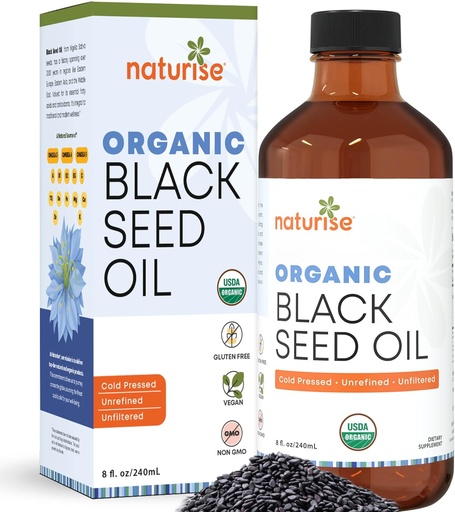 [BRSWGFAPPJYRGYLU] Organic Black Seed Oil (Nigella Sativa, Cumin Seed) Cold Pressed Non-GMO, 8 oz Glass Bottle Source of Essential Fatty Acids, Omega 3 6 9'