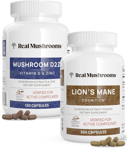 [BRSWYCT5DEDQMG3J] Real Mushrooms Vitamin D2, çinko, Chaga, Reishi (120ct) ve Lion's Mane (300ct) Sche - Immunity and Cognitive Support, Chelated Çinko for I improve Abors - Vegan, Gluten Free, Non-GMO
