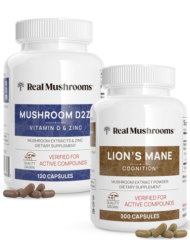 [BRSWYCT5DEDQMG3J] Real Mushrooms Vitamin D2, Zinc, Chaga, Reishi (120ct) and Lion's Mane (300ct) Bundle - Immunity and Cognitive Support, Chelated Zinc for Improved Absorption - Vegan, Gluten Free, Non-GMO