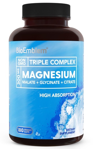 [BRSRMYIHBEAWE3A2] BioEmblem Triple Magnesium Complex | 300mg of Magnesium Glycinate, Malate, & Citrate for Muscles, Nerves, & Energy | High Absorption | Vegan, Non-GMO (180 Capsules)